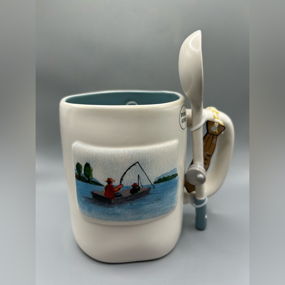 Rae Dunn GONE FISHING Mug With Fishing Pole Spoon Father’s Day NEW